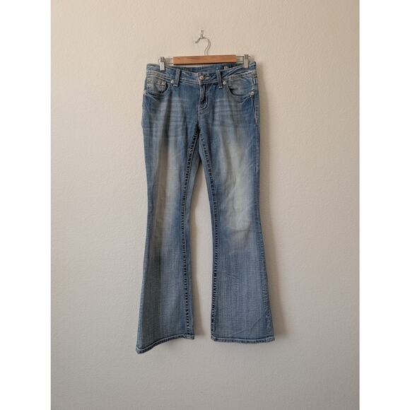 Miss Me Y2K Flared Leg Jeans "Peace Sign" Embroidered Pockets Size 28 Studded - Picture 7 of 12